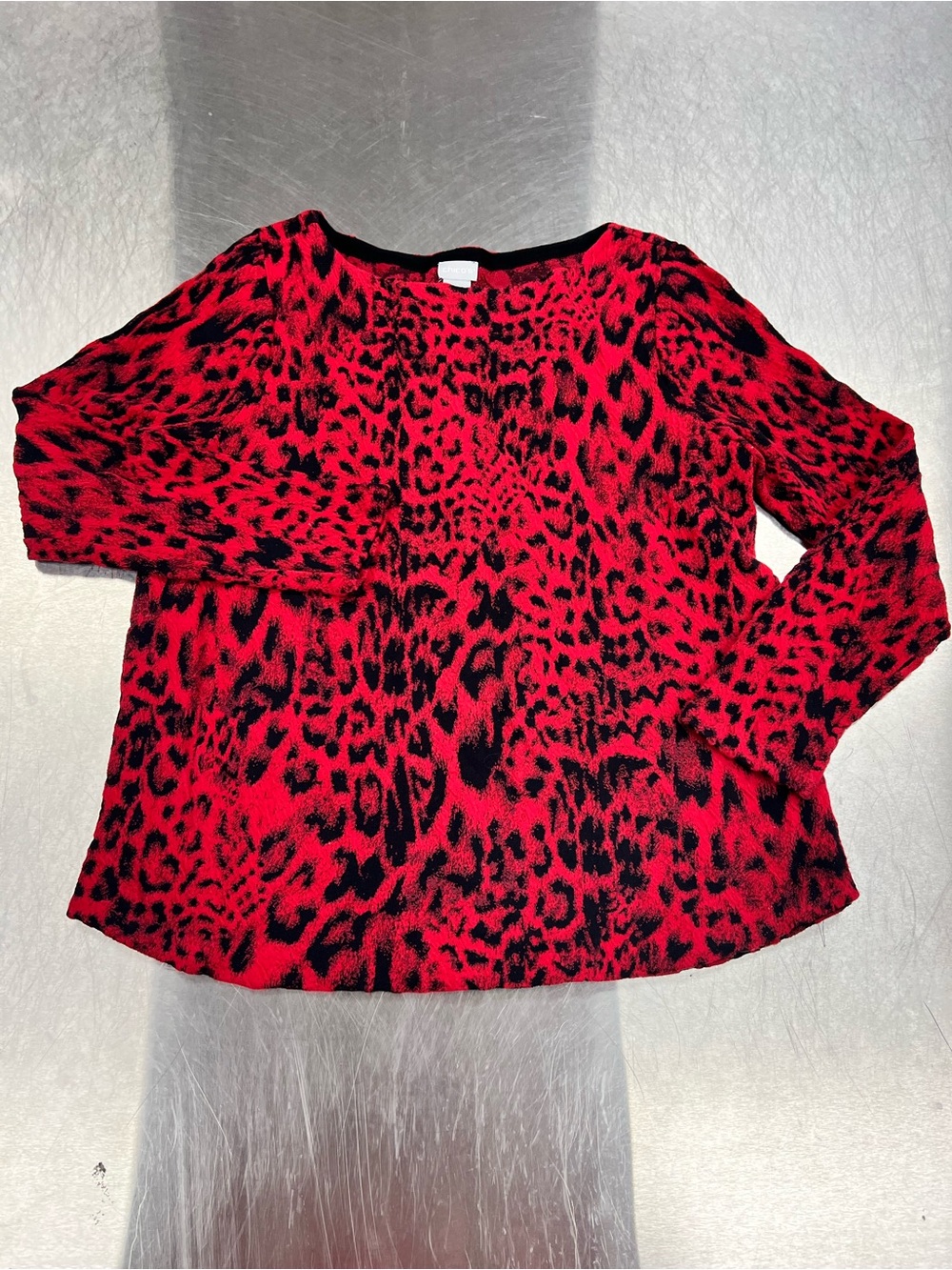 Chico’s Red & Black Leopard Print Long Sleeve Top Textured Women’s 3 or XL